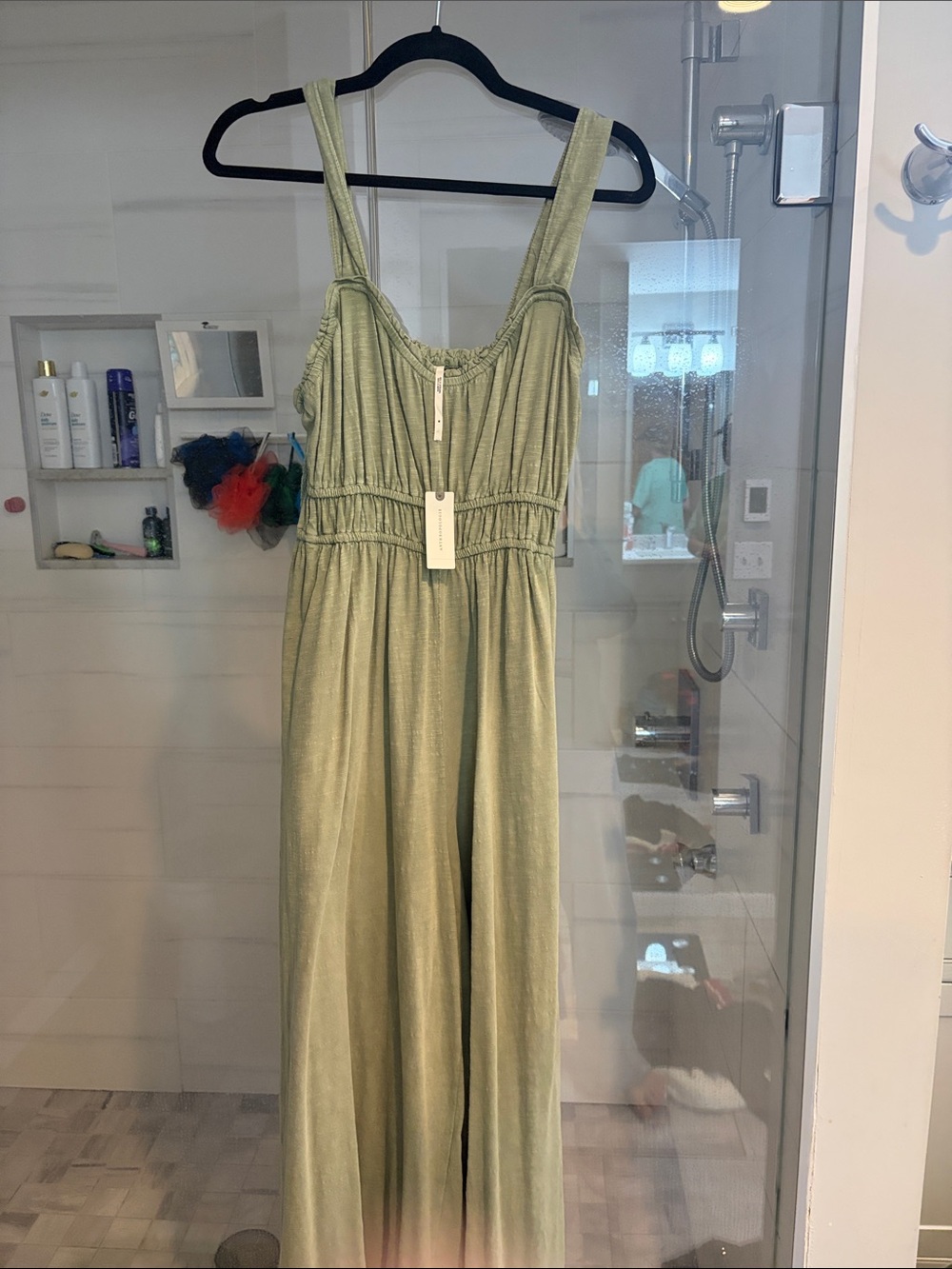 Womens Sleeveless One-Piece Jumpsuit in Light Olive Green Anthropologie